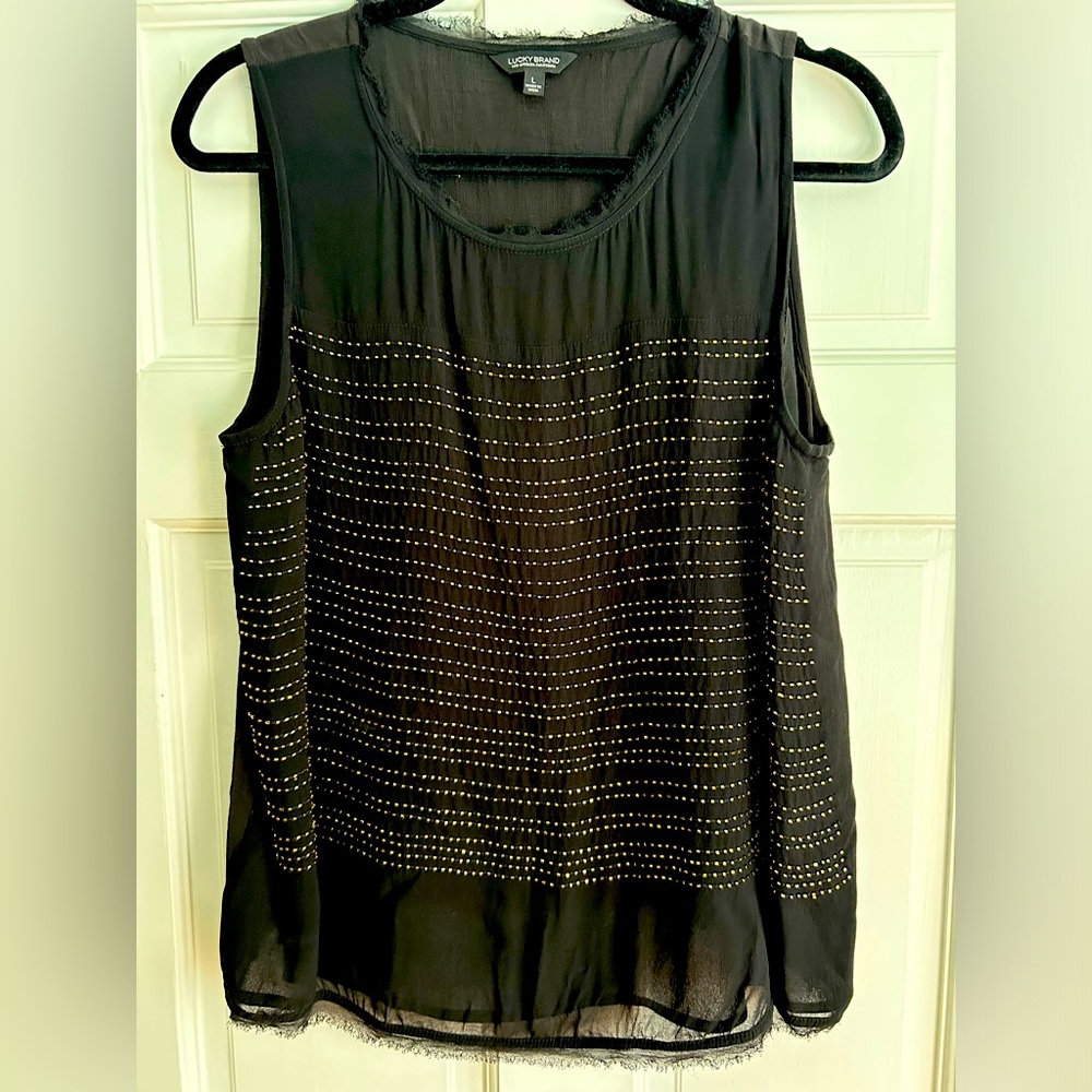 Lucky Brand black chiffon sleeveless top with gold beading on front, size L